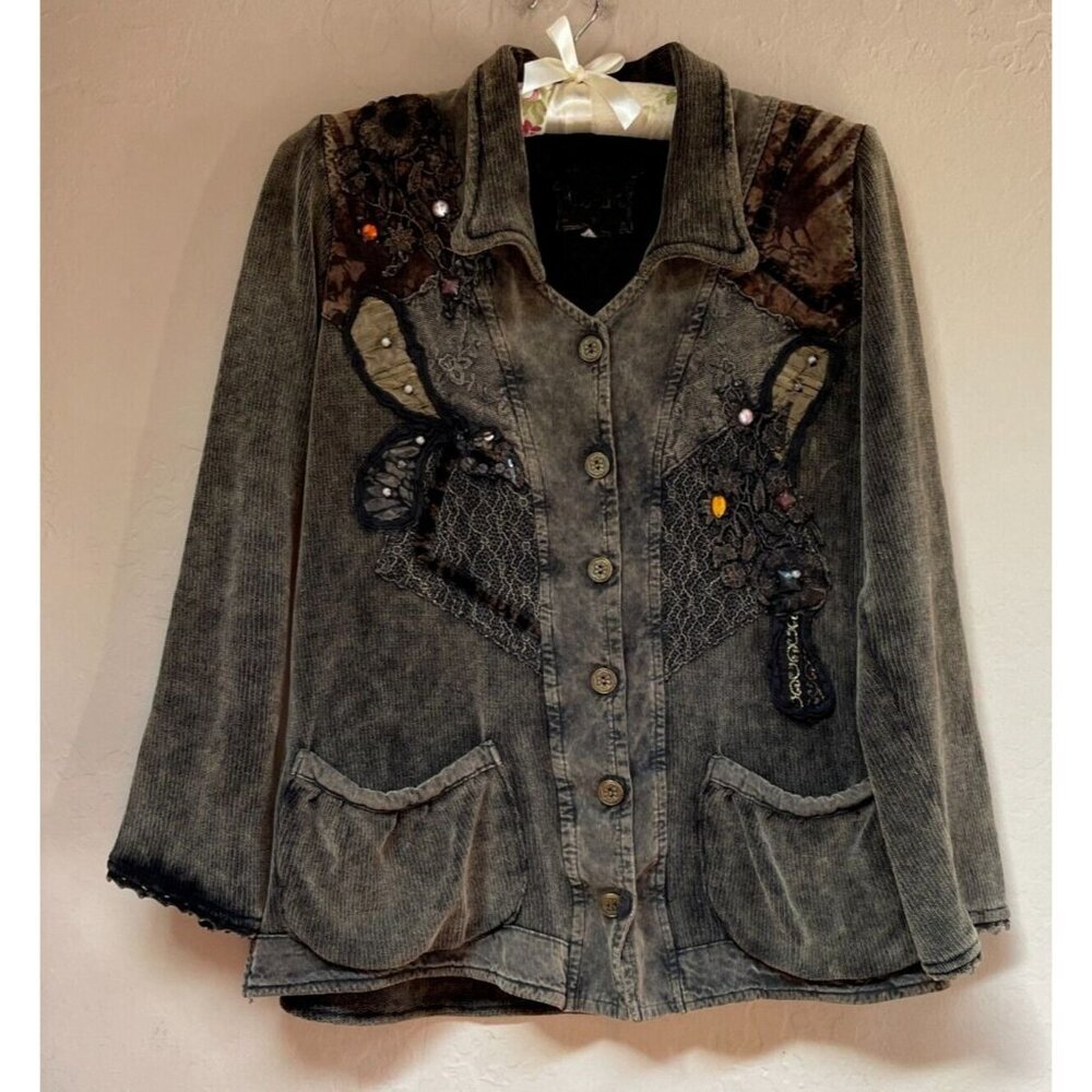 Marilu Embellished Beaded Sequin Jacket Burnout Patchwork S/M Gray Boho Italy